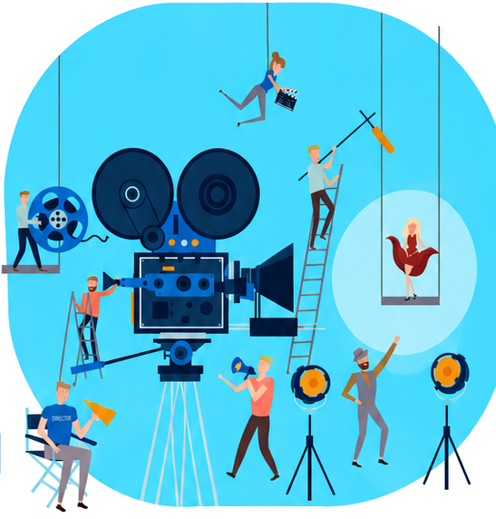Film and television production crew working around a camera
