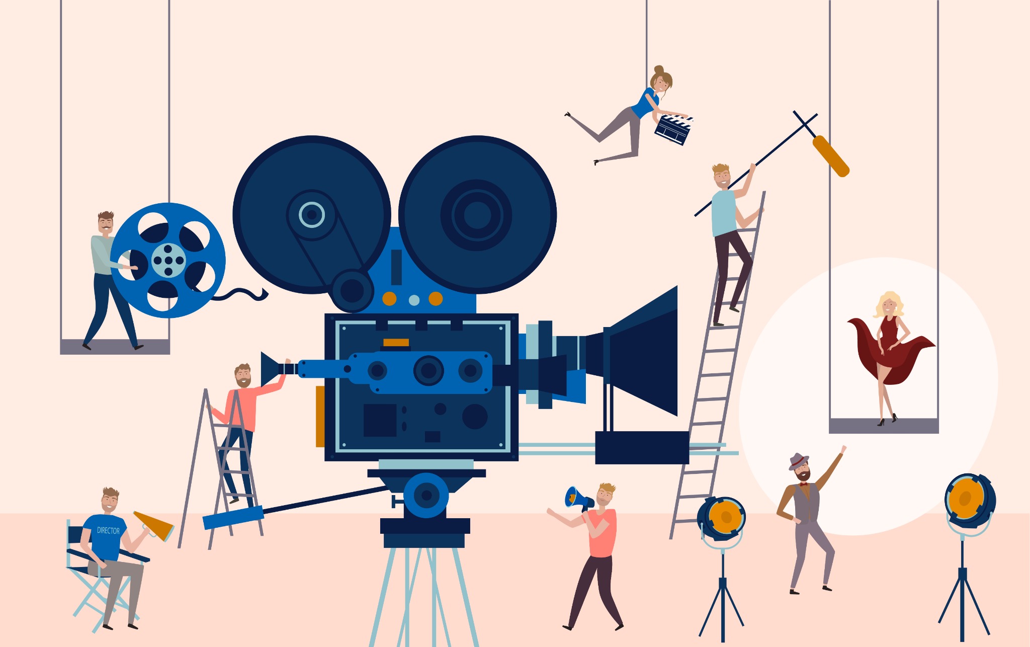 Film and television production crew working around a camera
