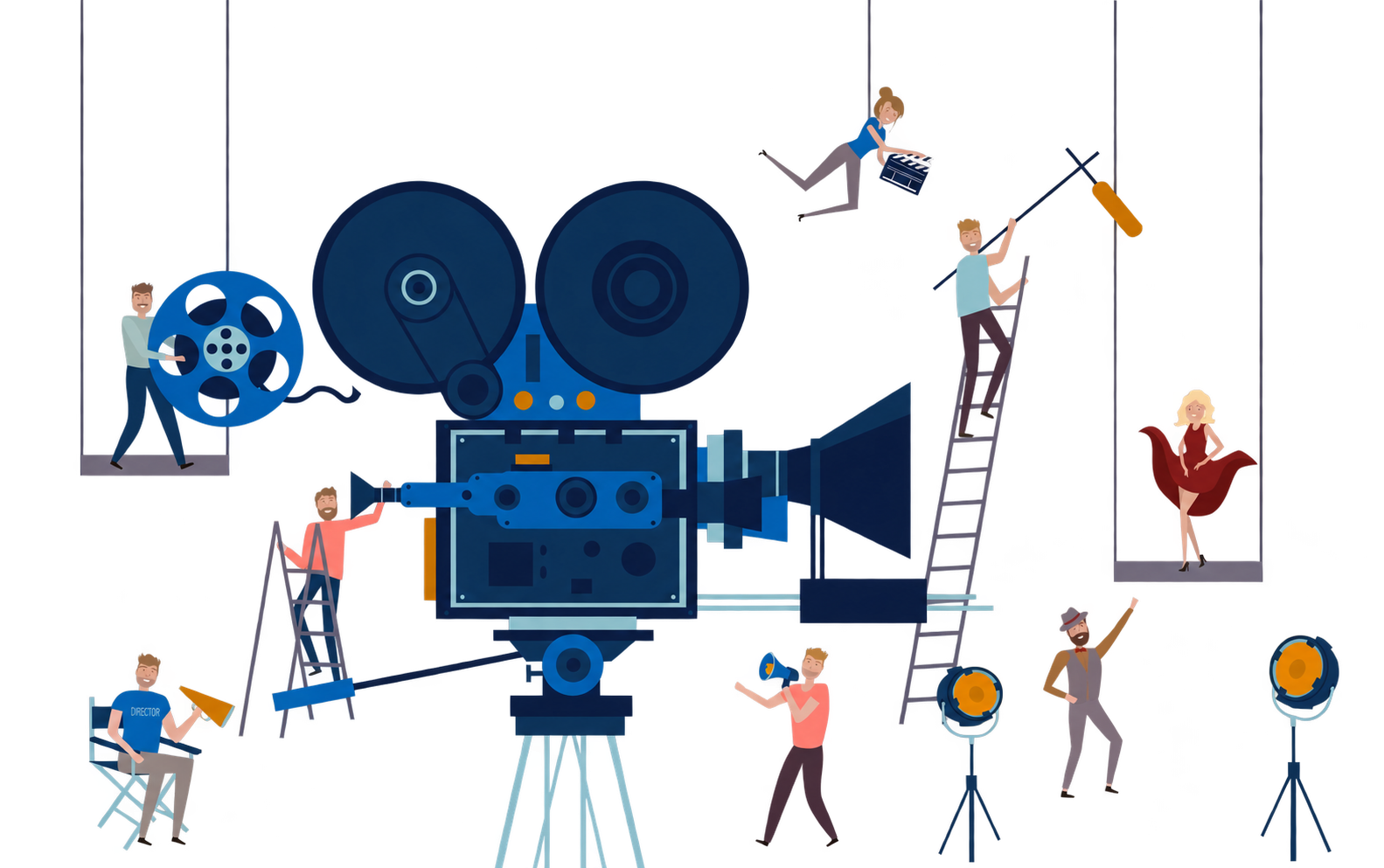 Film and television production crew working around a camera